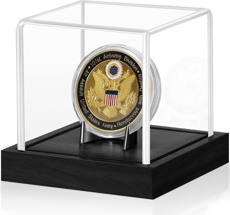 JupDec Coin Display Case, Clear Acrylic Showcase with Wood Base & Alloy Holder for Single Challenge Coin, UV Protection Souvenirs and Collectibles Box, Ideal Gift for Coin Fans, Black - Image 1